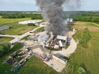 NEWS
UP IN SMOKE: Fire trucks direct streams of water on the burning Waste Management transfer station that was destroyed in a fire on Wednesday. Fire departments from five area communities fought the fire in the building located on 41st Street. (June 21, 2023) (Brady Sunderland | Bethany Republican Clipper, Bethany, Missouri)